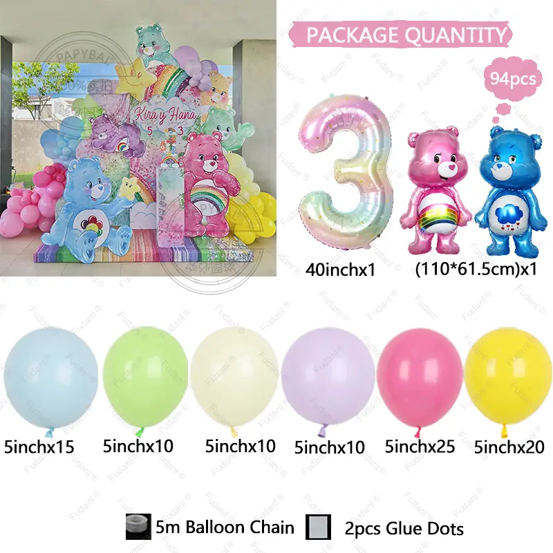 94pcs Cute Carebears Theme Pink Yellow Purple Latex Balloon Arch Set with 32inch Birthday Printed Balloons Girl First Birthday