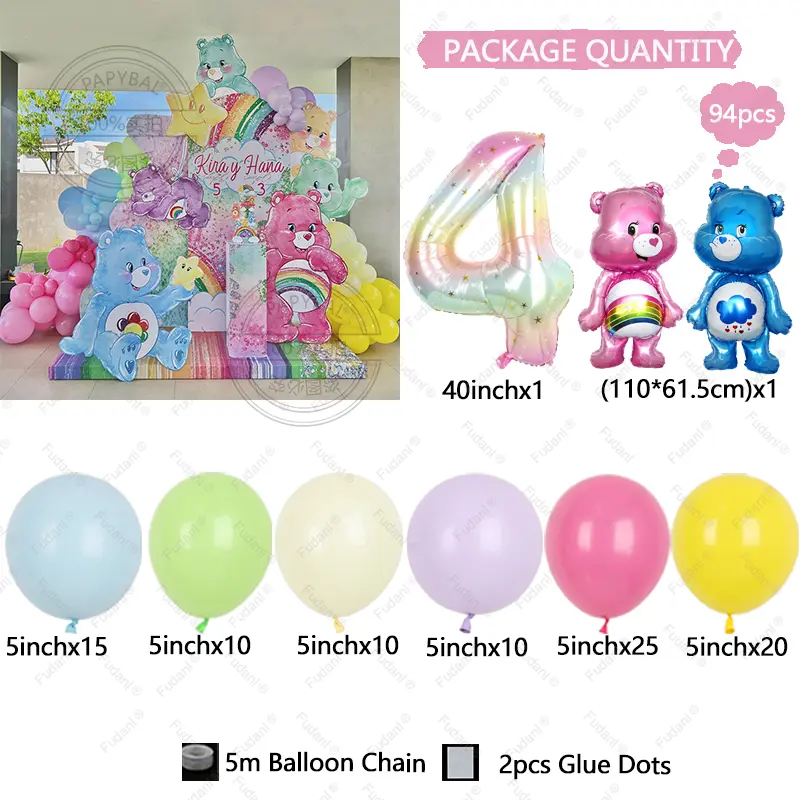 94pcs Cute Carebears Theme Pink Yellow Purple Latex Balloon Arch Set with 32inch Birthday Printed Balloons Girl First Birthday