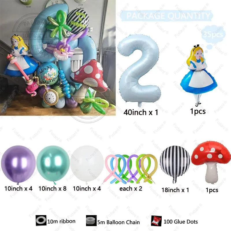 35Pcs Alice in Wonderland Large Poker 40inch Number Balloon Set Blue Girl's Gifts Birthday Party Decoration Baby Shower Supplies