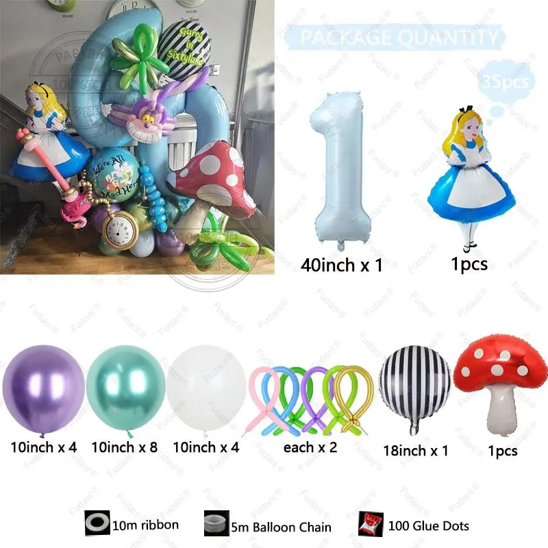 35Pcs Alice in Wonderland Large Poker 40inch Number Balloon Set Blue Girl's Gifts Birthday Party Decoration Baby Shower Supplies
