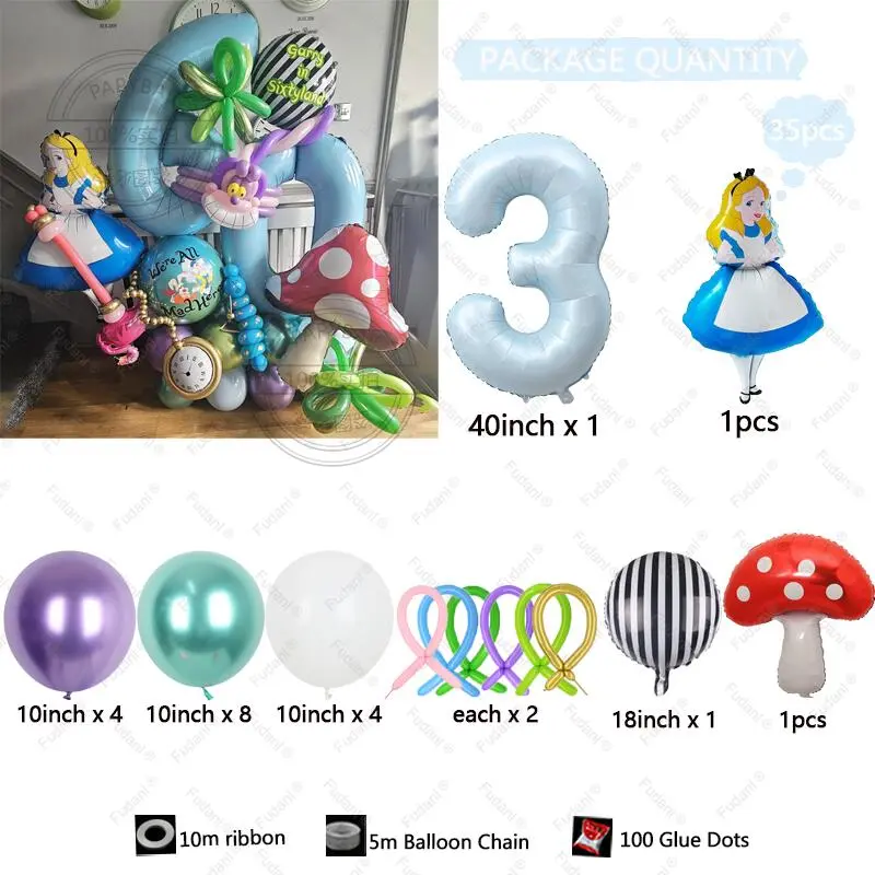 35Pcs Alice in Wonderland Large Poker 40inch Number Balloon Set Blue Girl's Gifts Birthday Party Decoration Baby Shower Supplies