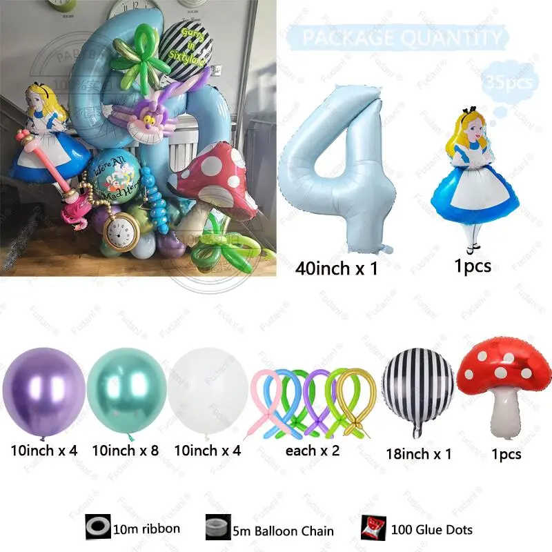 35Pcs Alice in Wonderland Large Poker 40inch Number Balloon Set Blue Girl's Gifts Birthday Party Decoration Baby Shower Supplies