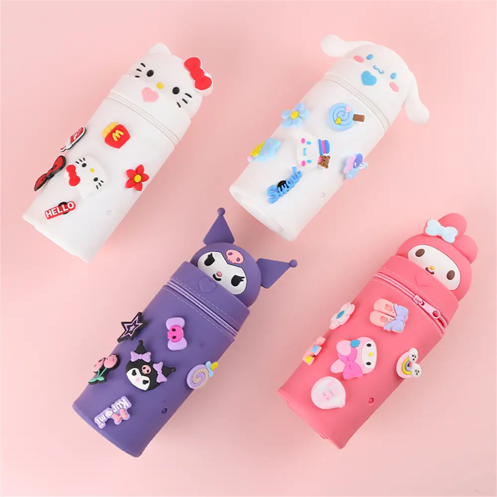 Cute Cartoon Sanrio Silicone Kuromi Hello Kitty Pencil Case Student Retractable My Melody Diy Pen Container Stationery Girl Gift