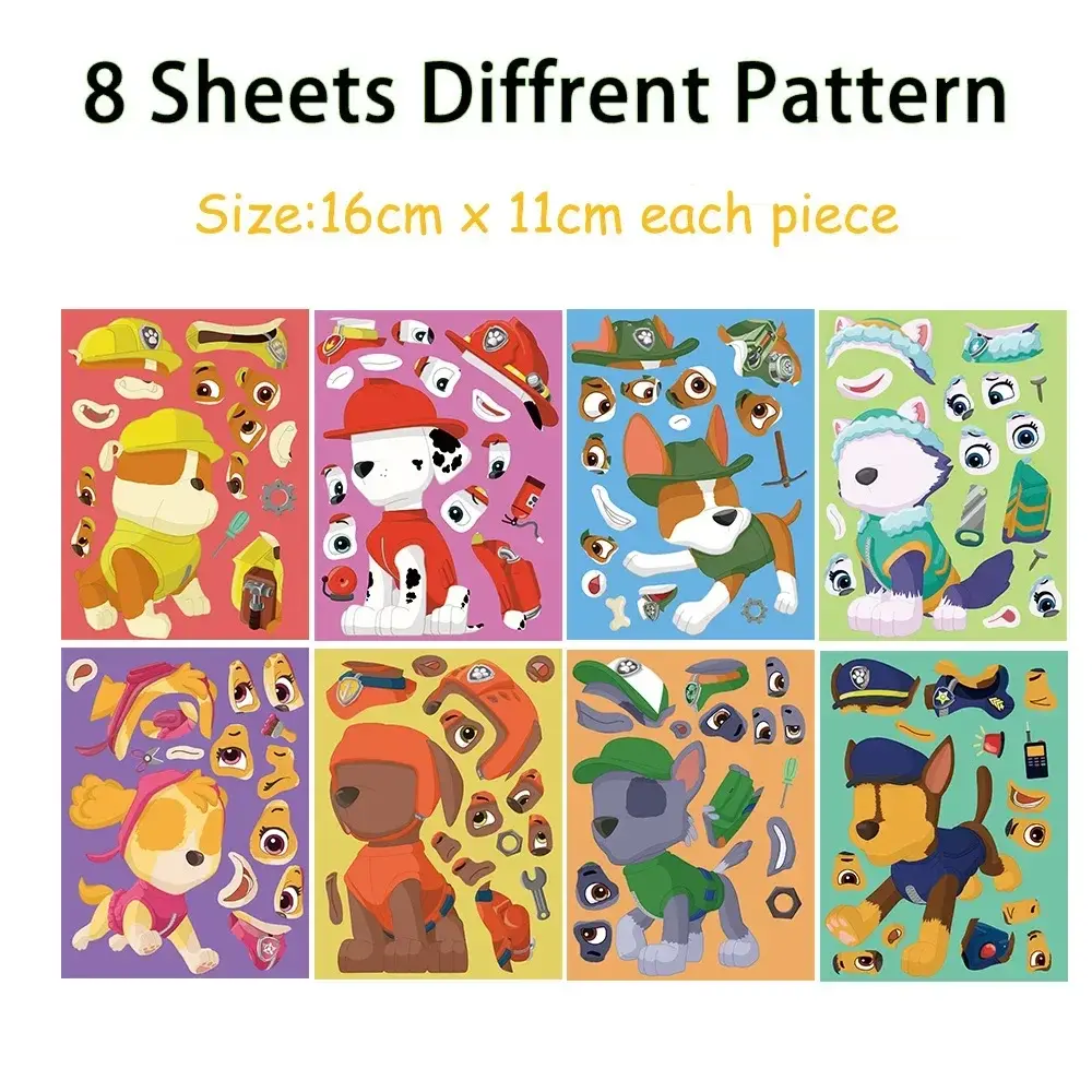 8/16/48Sheets Cartoon Dogs Chase Skye Puzzle Stickers Funny Make-a-Face Decals Assemble Jigsaw Children Christmas Gift Toy