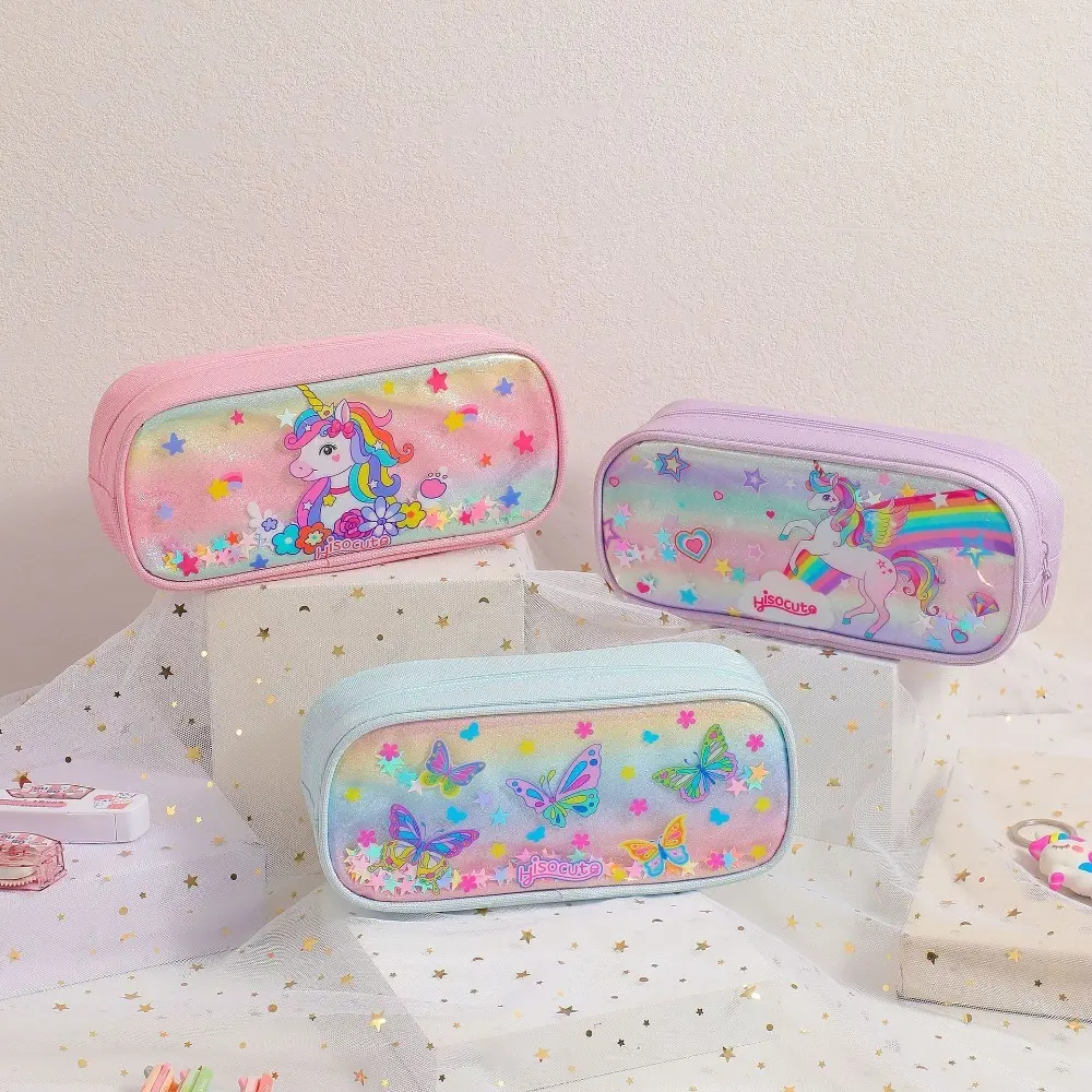 kawaii Cartoon Unicorn Pencil Bag Children Rainbow Butterfly Stationery Storage Box Student Large Capacity Pencil Bag Girl Gifts
