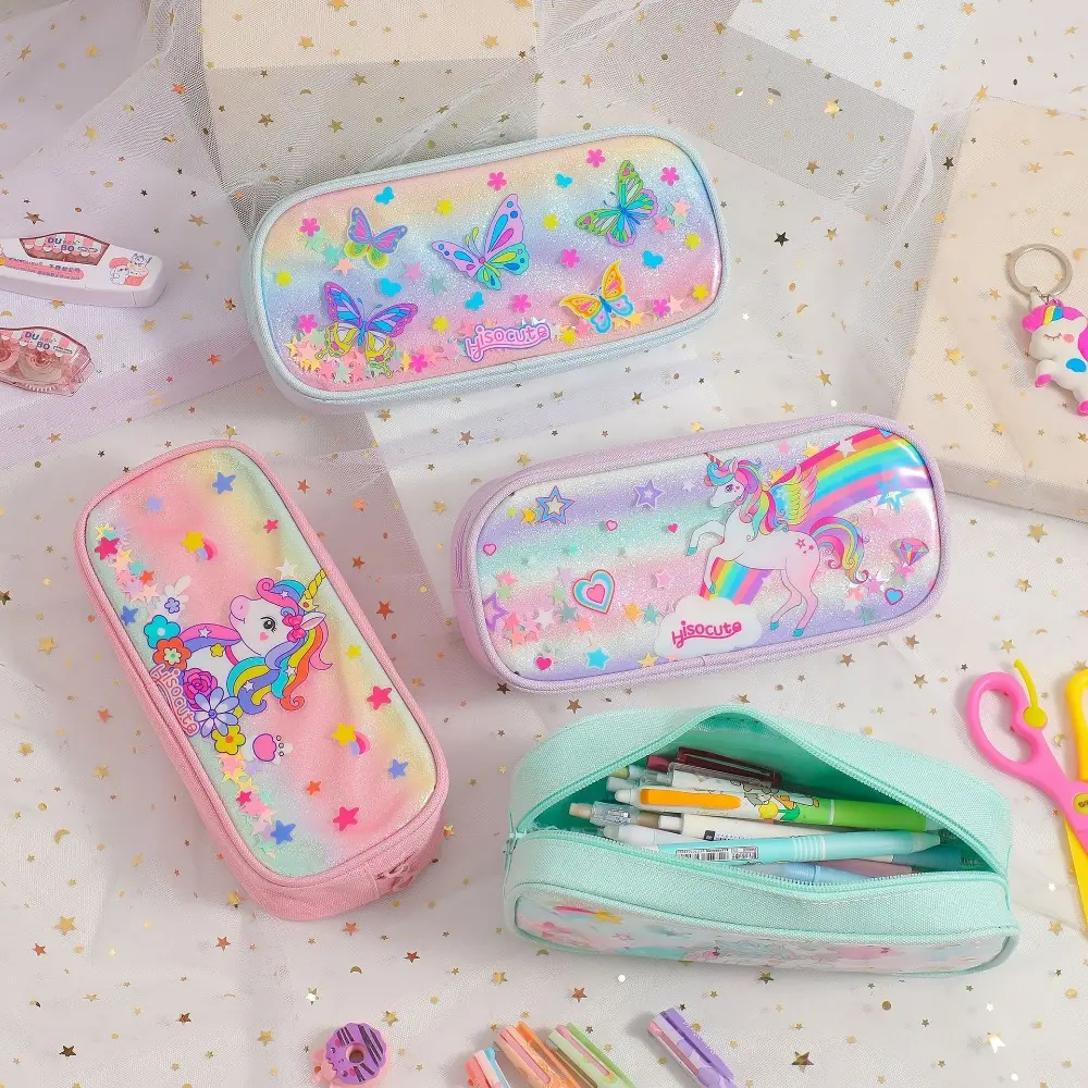 kawaii Cartoon Unicorn Pencil Bag Children Rainbow Butterfly Stationery Storage Box Student Large Capacity Pencil Bag Girl Gifts