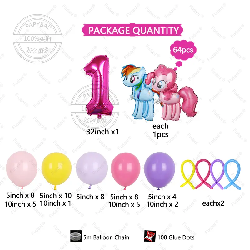 64pcs Cartoon Little Pony Theme Balloon Arch Kit Birthday Party Decorations for Girl Kids Event Supplies Baby Shower Toy Gift