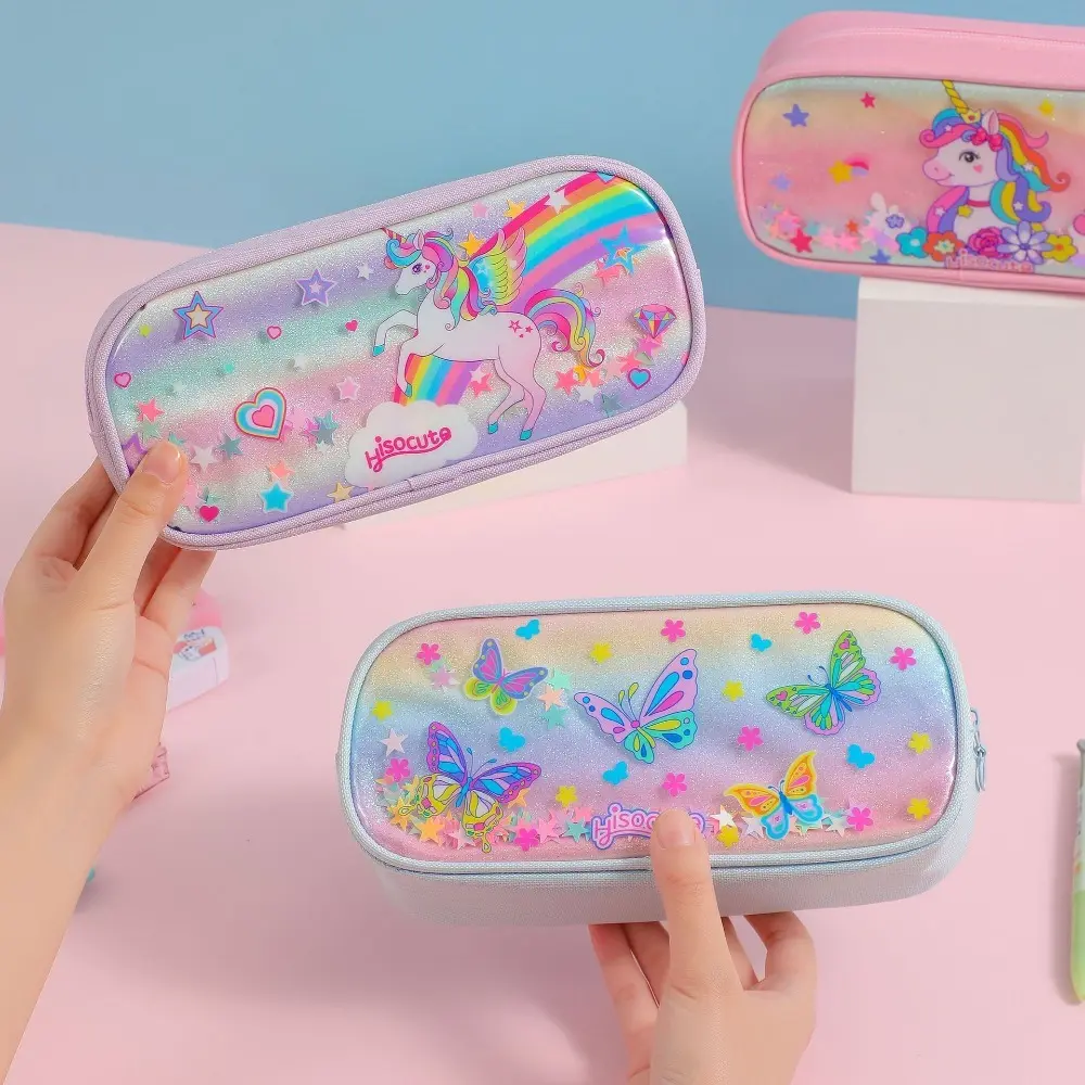 kawaii Cartoon Unicorn Pencil Bag Children Rainbow Butterfly Stationery Storage Box Student Large Capacity Pencil Bag Girl Gifts
