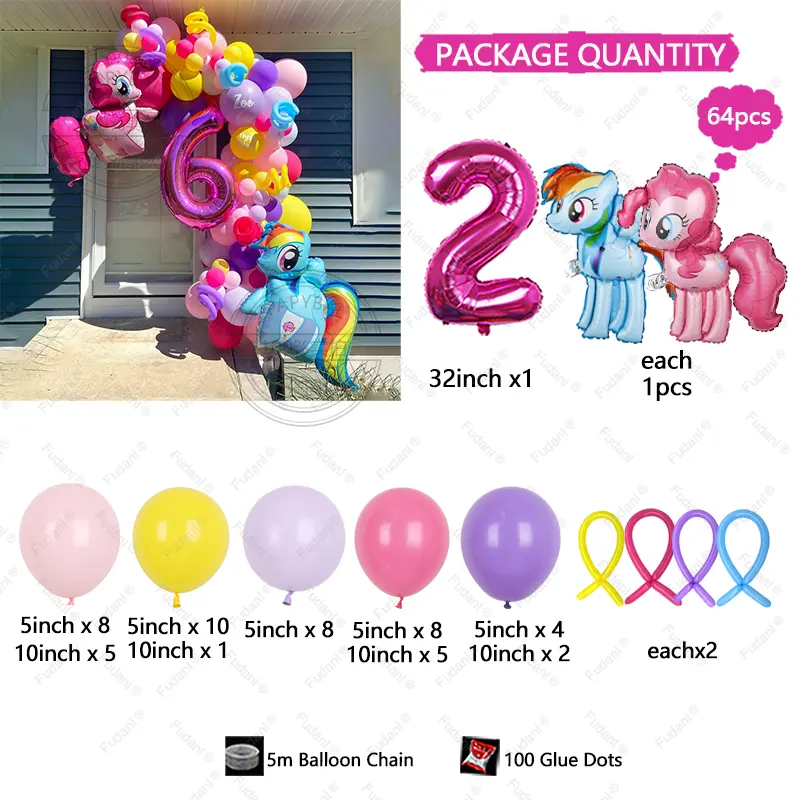 64pcs Cartoon Little Pony Theme Balloon Arch Kit Birthday Party Decorations for Girl Kids Event Supplies Baby Shower Toy Gift