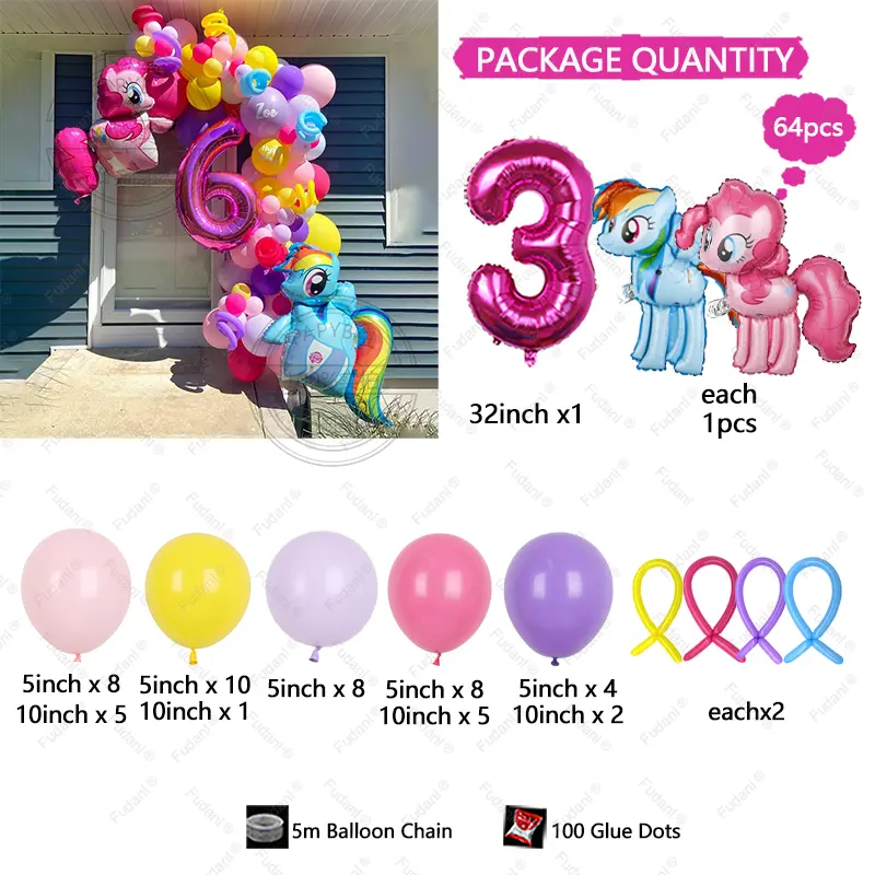 64pcs Cartoon Little Pony Theme Balloon Arch Kit Birthday Party Decorations for Girl Kids Event Supplies Baby Shower Toy Gift