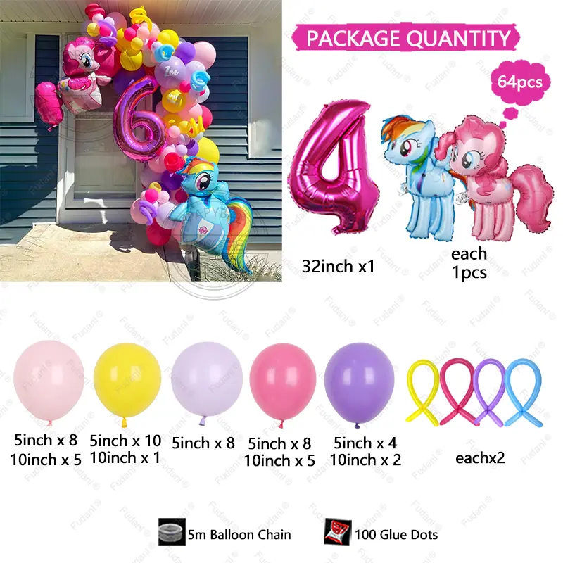 64pcs Cartoon Little Pony Theme Balloon Arch Kit Birthday Party Decorations for Girl Kids Event Supplies Baby Shower Toy Gift