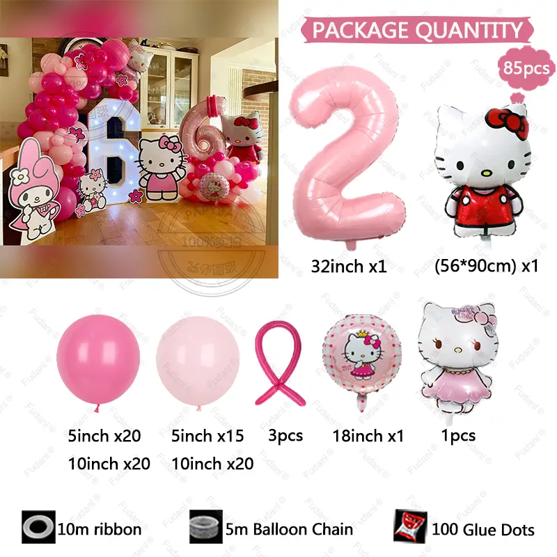 85pcs Hello Kitty Cartoon Balloon Pink Number Birthday Balloon Set Party Background Decoration Birthday Photo Scene Arrangement