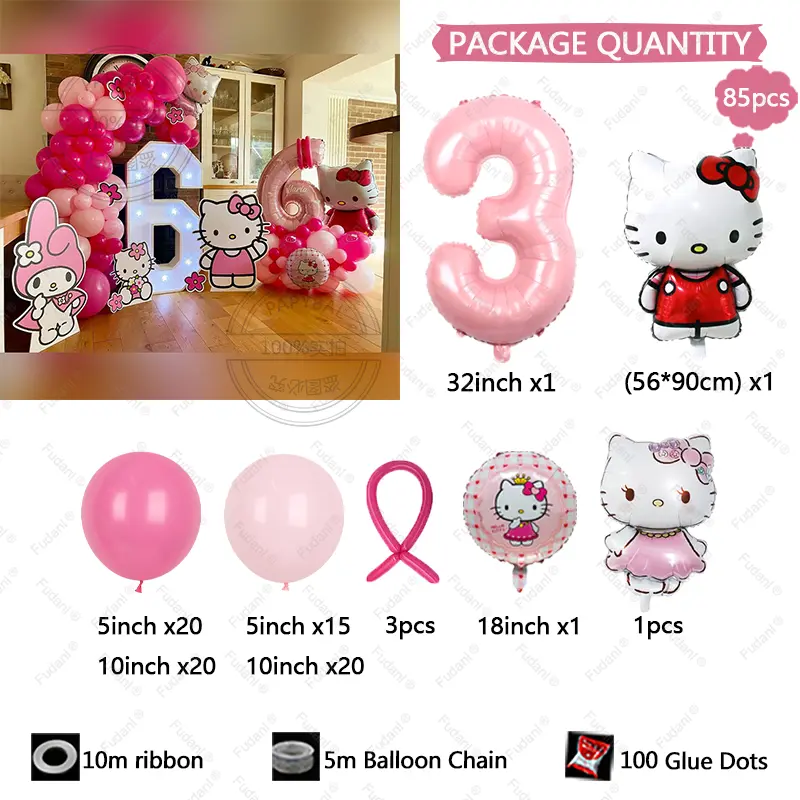 85pcs Hello Kitty Cartoon Balloon Pink Number Birthday Balloon Set Party Background Decoration Birthday Photo Scene Arrangement
