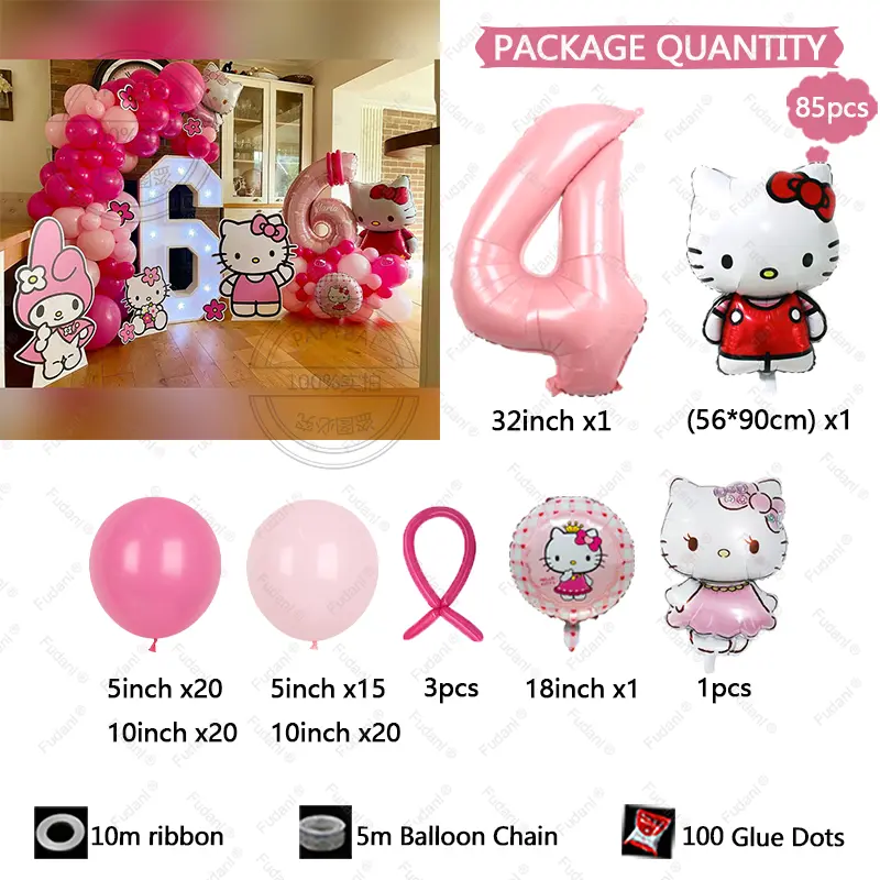85pcs Hello Kitty Cartoon Balloon Pink Number Birthday Balloon Set Party Background Decoration Birthday Photo Scene Arrangement