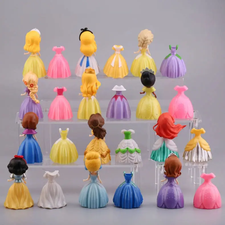 Hot 24pcs Disney Princess Figure Toys Mermaid Alice Snow White Belle Cinderella Tangled Ariel Dress Changeable Action Figure Toy