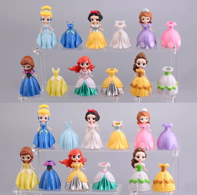 Hot 24pcs Disney Princess Figure Toys Mermaid Alice Snow White Belle Cinderella Tangled Ariel Dress Changeable Action Figure Toy