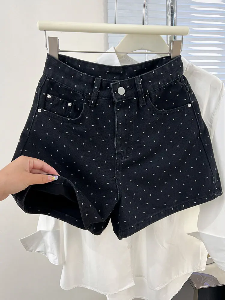 Female High Waist Slimming Black Polka Dot Denim Shorts Summer New Style Versatile Wide Legs A-line Hip Hot Pants