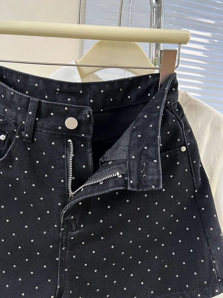 Female High Waist Slimming Black Polka Dot Denim Shorts Summer New Style Versatile Wide Legs A-line Hip Hot Pants