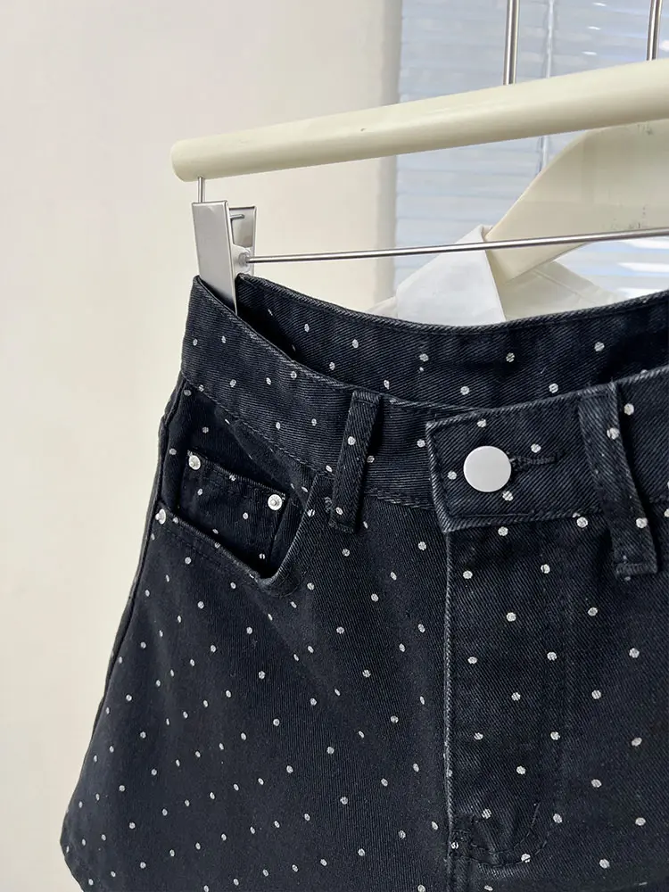 Female High Waist Slimming Black Polka Dot Denim Shorts Summer New Style Versatile Wide Legs A-line Hip Hot Pants
