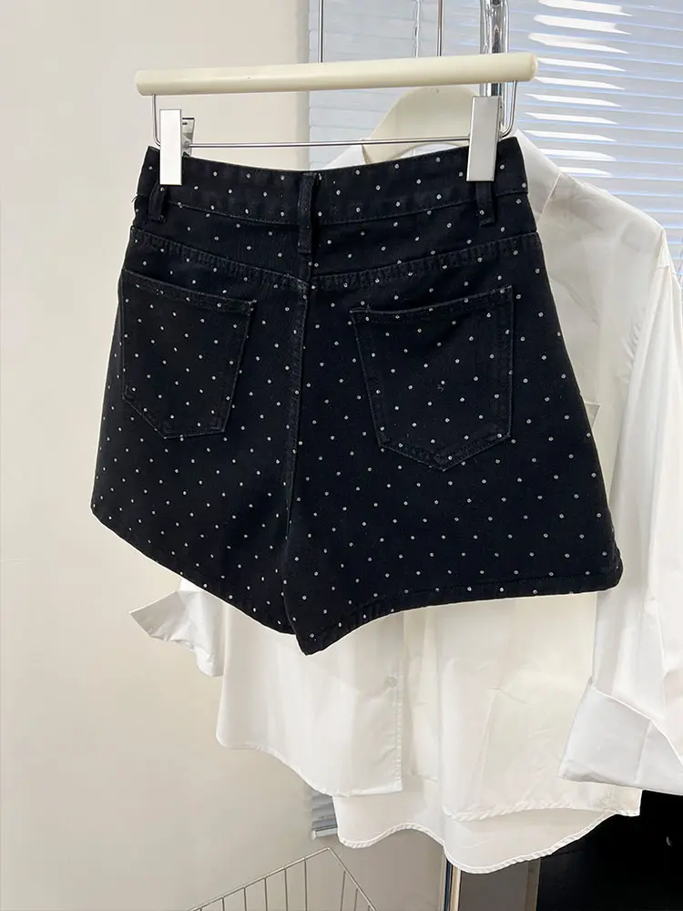 Female High Waist Slimming Black Polka Dot Denim Shorts Summer New Style Versatile Wide Legs A-line Hip Hot Pants