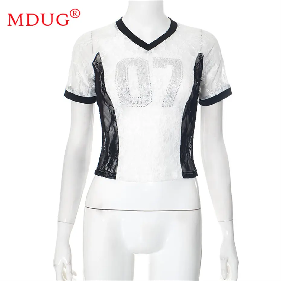 10pcs Bulk Items Wholesale Lots Tops T-shirt Women Summer 2025 Sexy Lace Diamonds See Through Shirt Short Sleeve Y2k Tees M15017