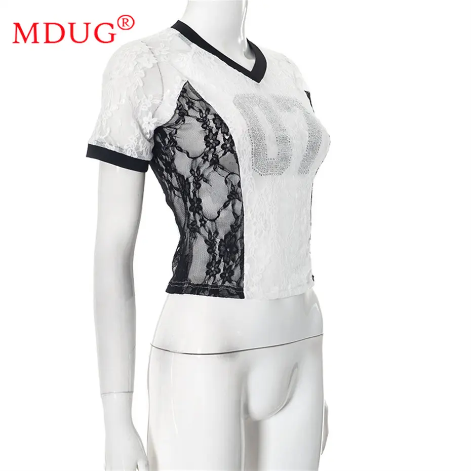 10pcs Bulk Items Wholesale Lots Tops T-shirt Women Summer 2025 Sexy Lace Diamonds See Through Shirt Short Sleeve Y2k Tees M15017