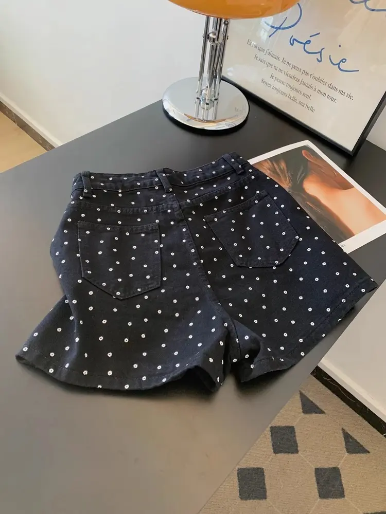 Women's Summer New High Waist Wide Leg Short Pants Fashion Versatile Design Sense Polka Dot Casual Black Denim Shorts