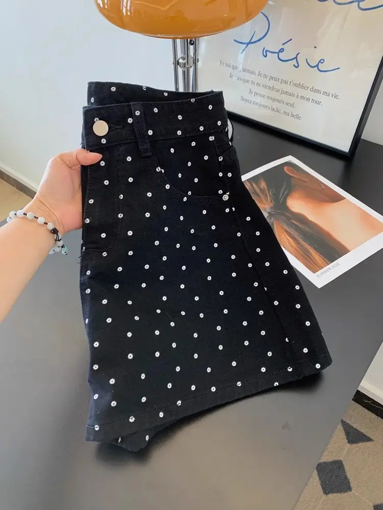 Women's Summer New High Waist Wide Leg Short Pants Fashion Versatile Design Sense Polka Dot Casual Black Denim Shorts