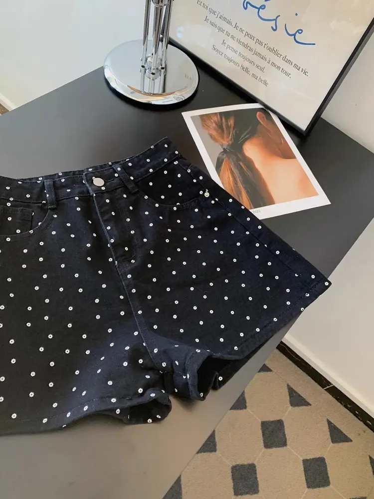 Women's Summer New High Waist Wide Leg Short Pants Fashion Versatile Design Sense Polka Dot Casual Black Denim Shorts