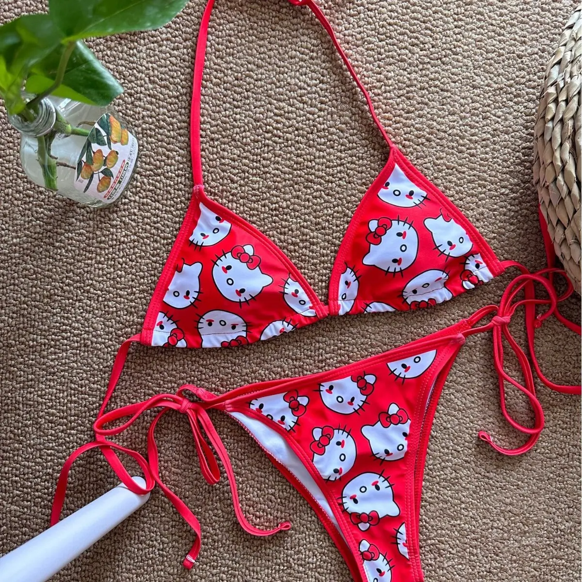 2Pcs HelloKitty Sanrio Bikini Set Cute Cartoon Y2K Summer Beach Soft Side Strappy Panties Sexy Bikini Kawaii Swimsuit Girl Gift