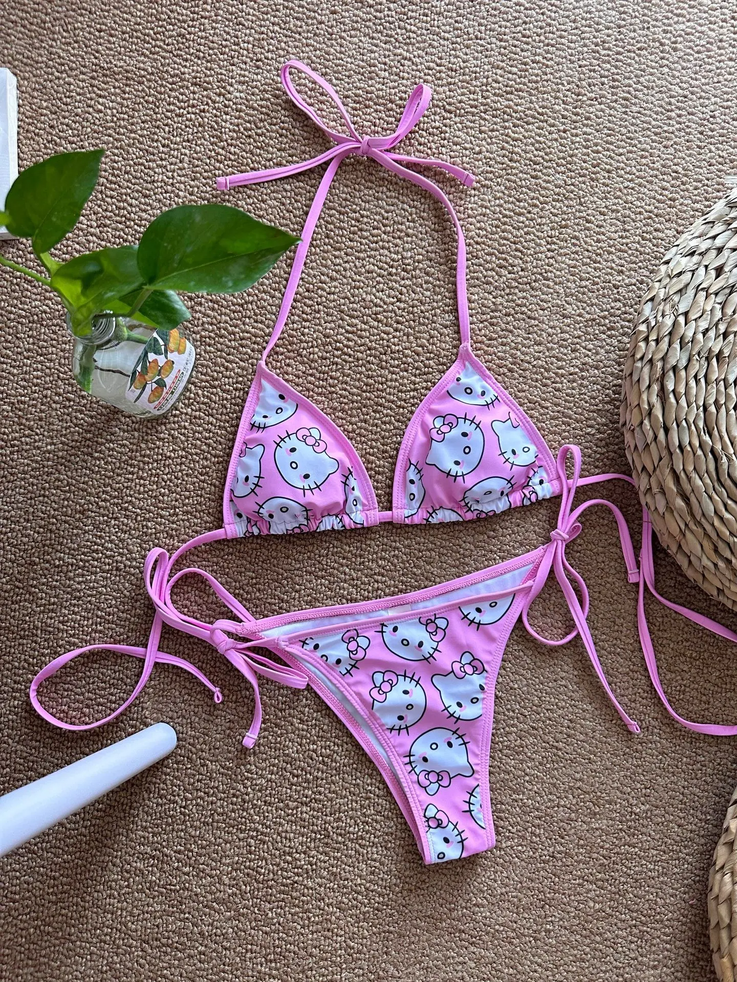 2Pcs HelloKitty Sanrio Bikini Set Cute Cartoon Y2K Summer Beach Soft Side Strappy Panties Sexy Bikini Kawaii Swimsuit Girl Gift