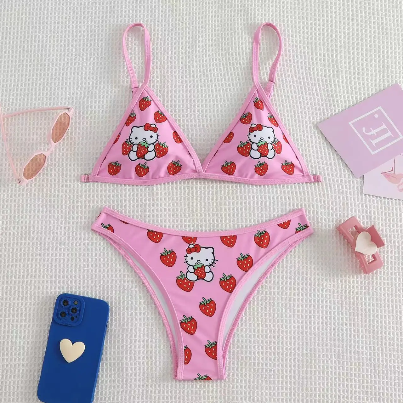 2Pcs HelloKitty Sanrio Bikini Set Cute Cartoon Y2K Summer Beach Soft Side Strappy Panties Sexy Bikini Kawaii Swimsuit Girl Gift