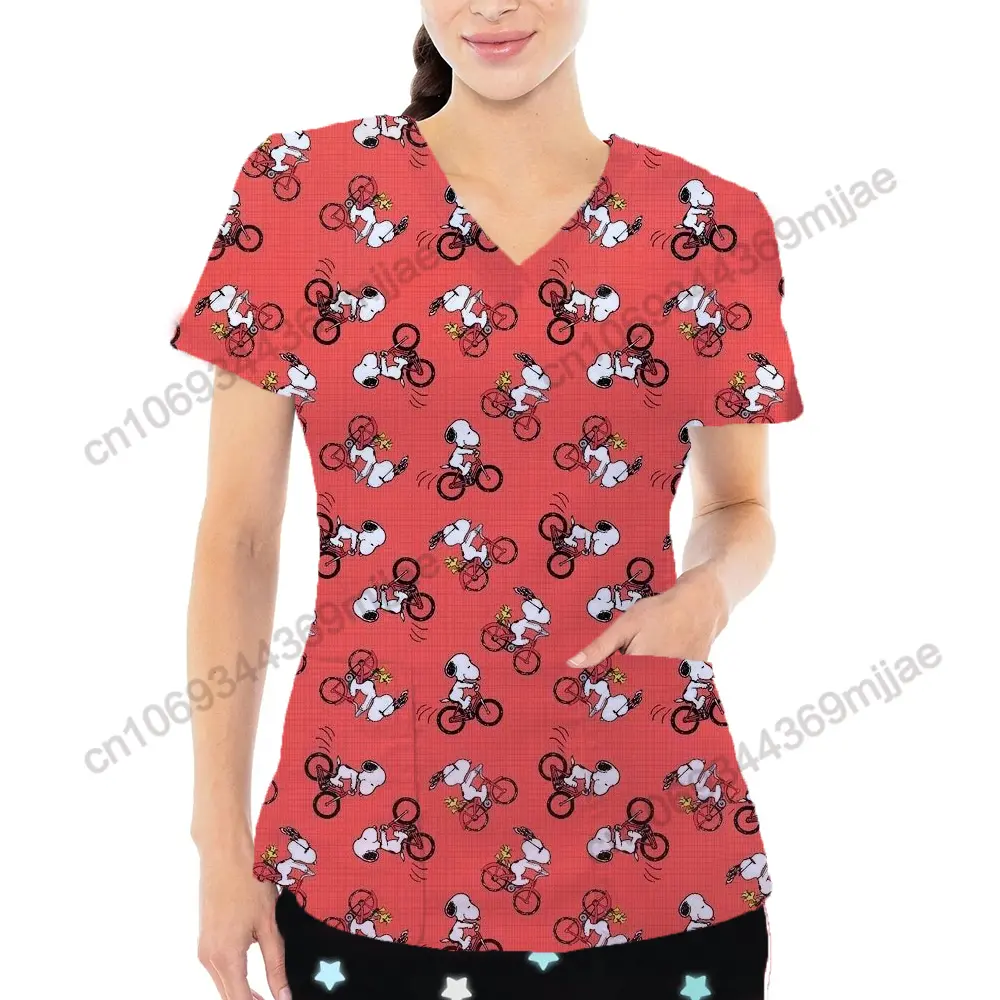 New Disney Cartoon Pattern Top Fashion V-neck Double Pocket Design Style T-shirt Casual and Comfortable Women's Nurse Dress