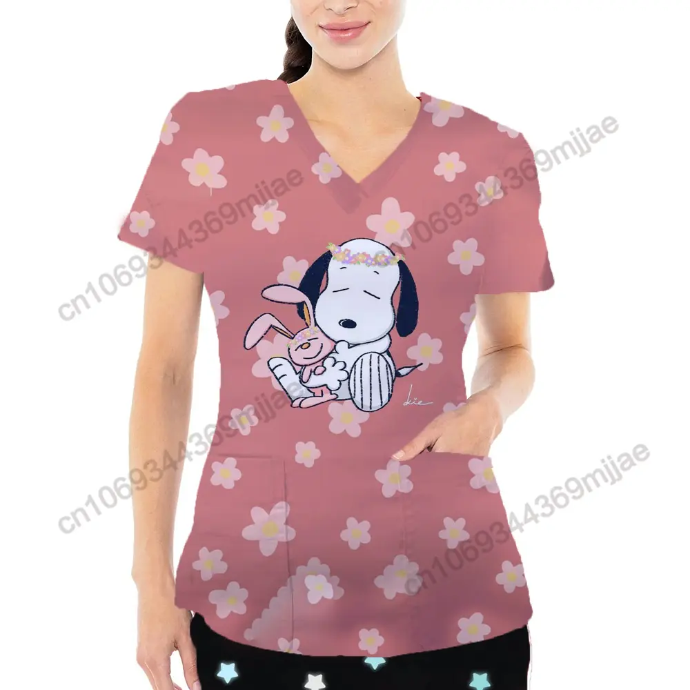 New Disney Cartoon Pattern Top Fashion V-neck Double Pocket Design Style T-shirt Casual and Comfortable Women's Nurse Dress