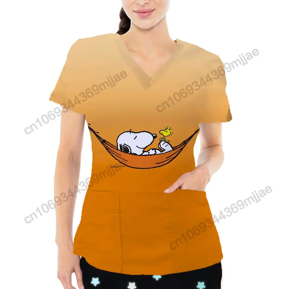 New Disney Cartoon Pattern Top Fashion V-neck Double Pocket Design Style T-shirt Casual and Comfortable Women's Nurse Dress