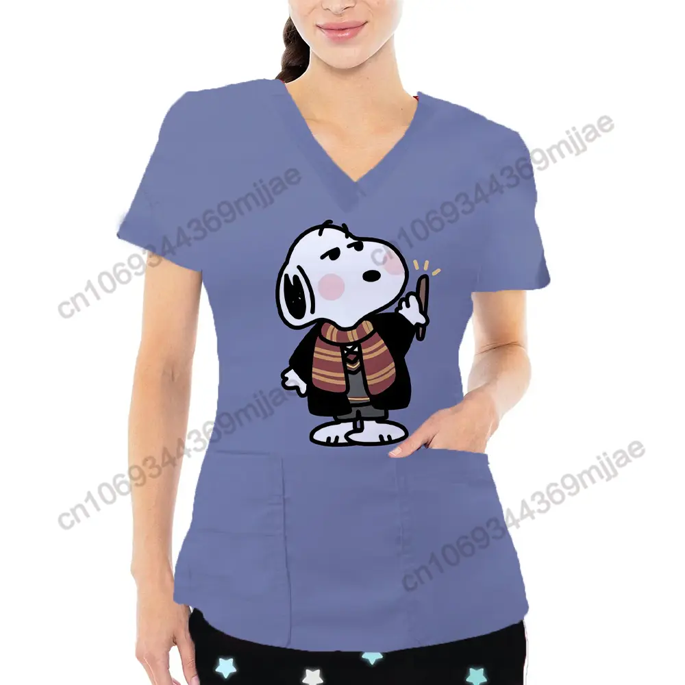 New Disney Cartoon Pattern Top Fashion V-neck Double Pocket Design Style T-shirt Casual and Comfortable Women's Nurse Dress