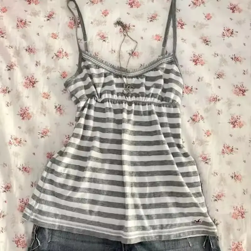 Y2k solid color vest striped tie high street print punk hot girl hip-hop street wear camisole top Grunge Goth retro camisole top