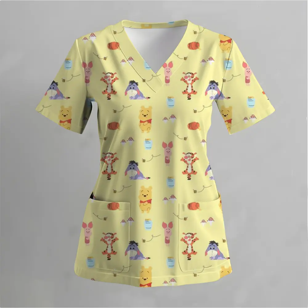 Cartoon Disney Winnie the Pooh Printed Pattern Women's Nurse Uniform V-neck Pocket Kawaii Cute T-shirt Top Simple andFashionable