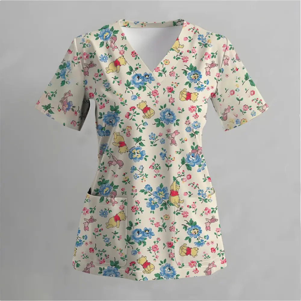 Cartoon Disney Winnie the Pooh Printed Pattern Women's Nurse Uniform V-neck Pocket Kawaii Cute T-shirt Top Simple andFashionable