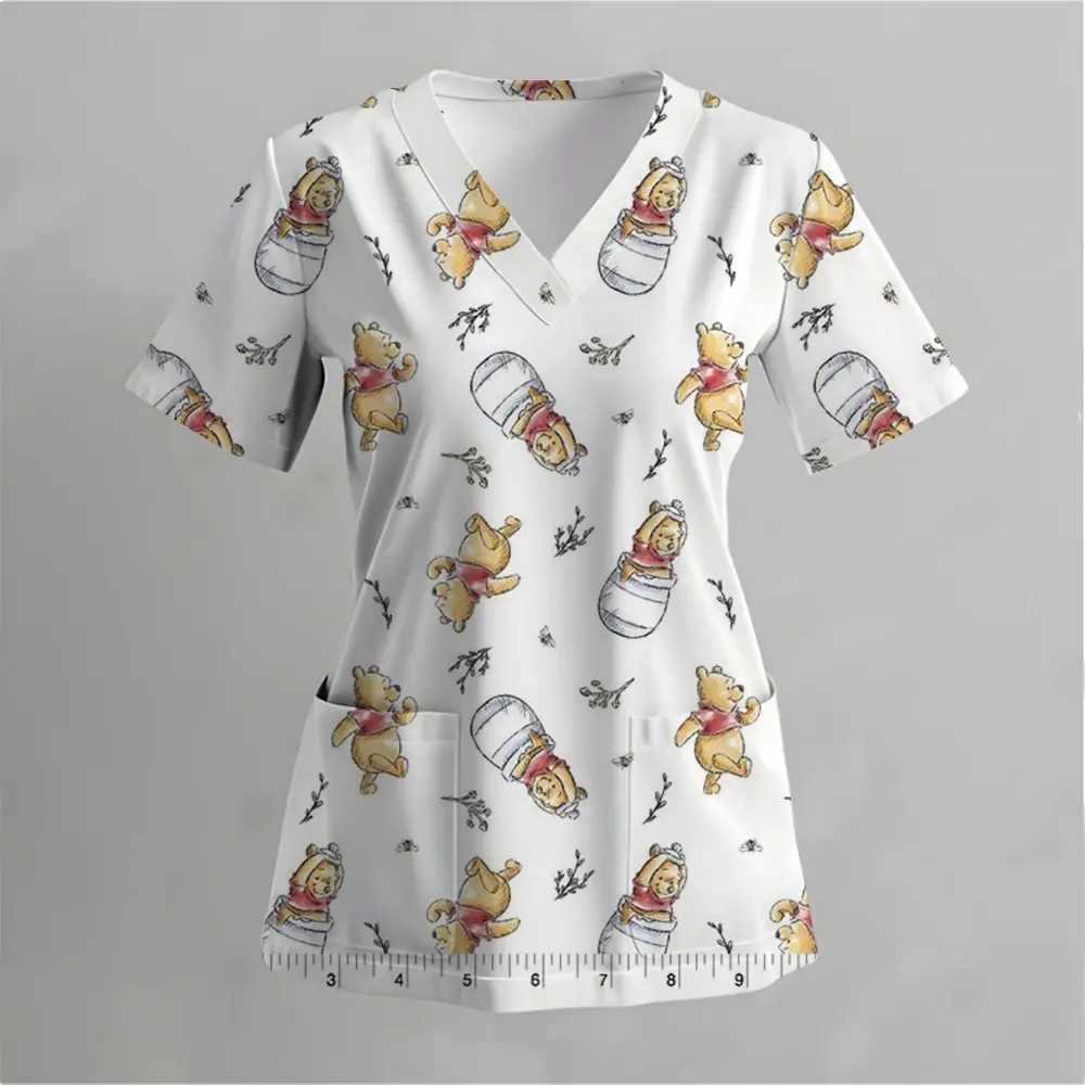 Cartoon Disney Winnie the Pooh Printed Pattern Women's Nurse Uniform V-neck Pocket Kawaii Cute T-shirt Top Simple andFashionable