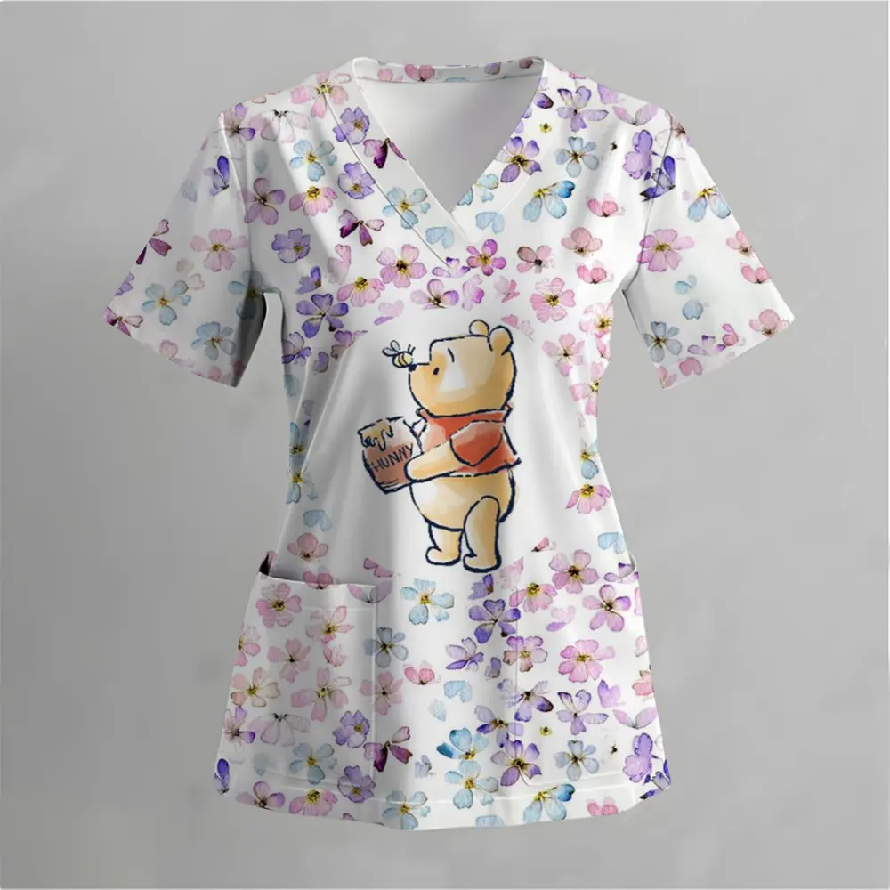 Cartoon Disney Winnie the Pooh Printed Pattern Women's Nurse Uniform V-neck Pocket Kawaii Cute T-shirt Top Simple andFashionable