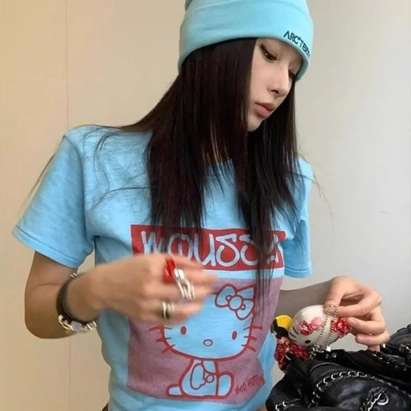 Hello Kitty Kawaii T-Shirt Sanrio Anime Cartoon Front Shoulder Short-Sleeved All-Match Soft Comfortable Cute Student Girl Tops
