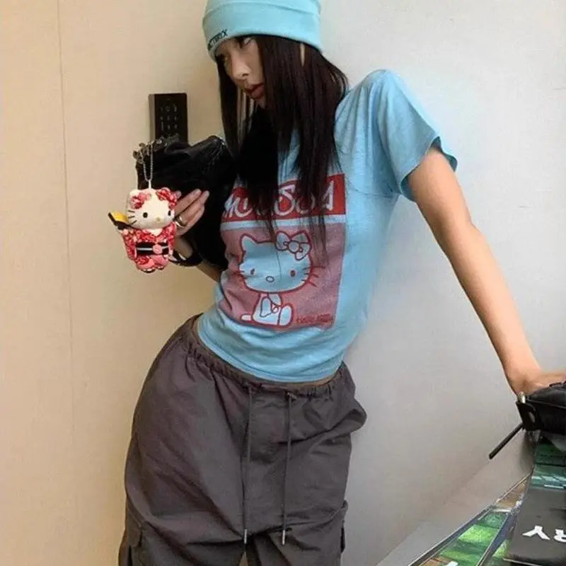 Hello Kitty Kawaii T-Shirt Sanrio Anime Cartoon Front Shoulder Short-Sleeved All-Match Soft Comfortable Cute Student Girl Tops