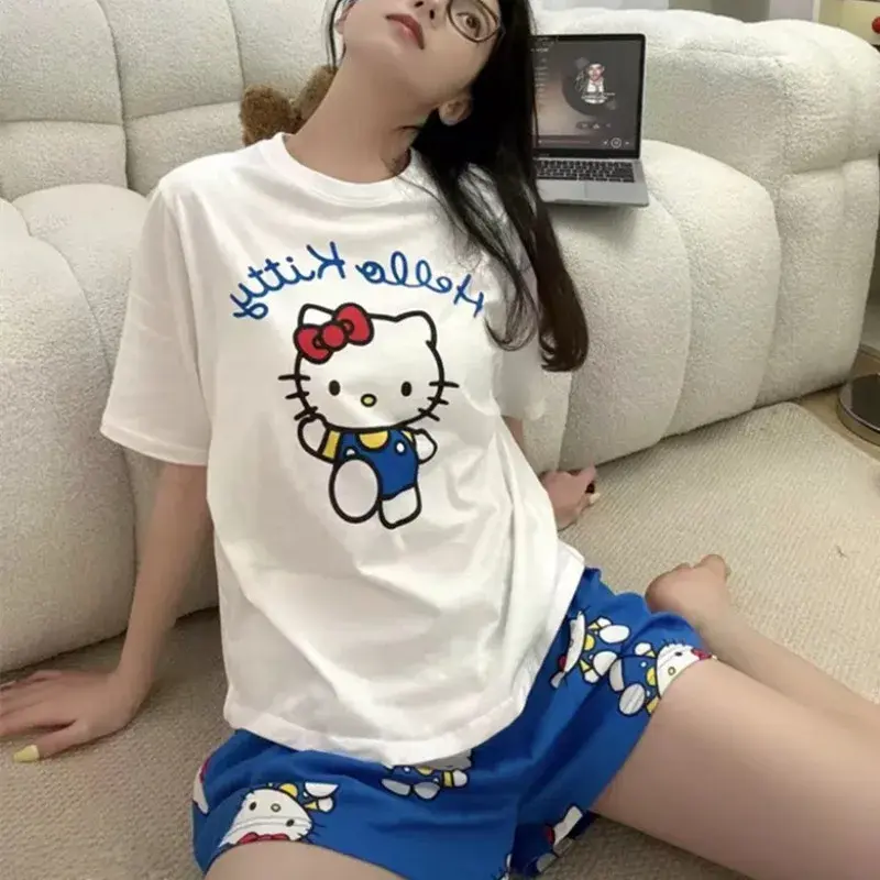 Kawaii Hello Kitty Short Sleeved Set for Girls Summer Casual Shorts Pajama Cartoon Anime Accessories Pattern Home Clothing Set