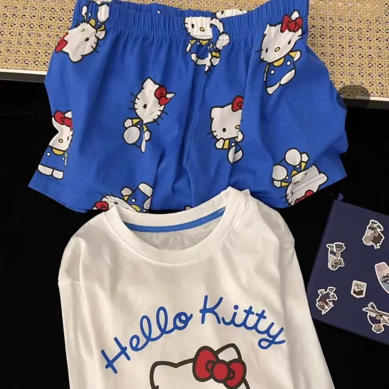 Kawaii Hello Kitty Short Sleeved Set for Girls Summer Casual Shorts Pajama Cartoon Anime Accessories Pattern Home Clothing Set
