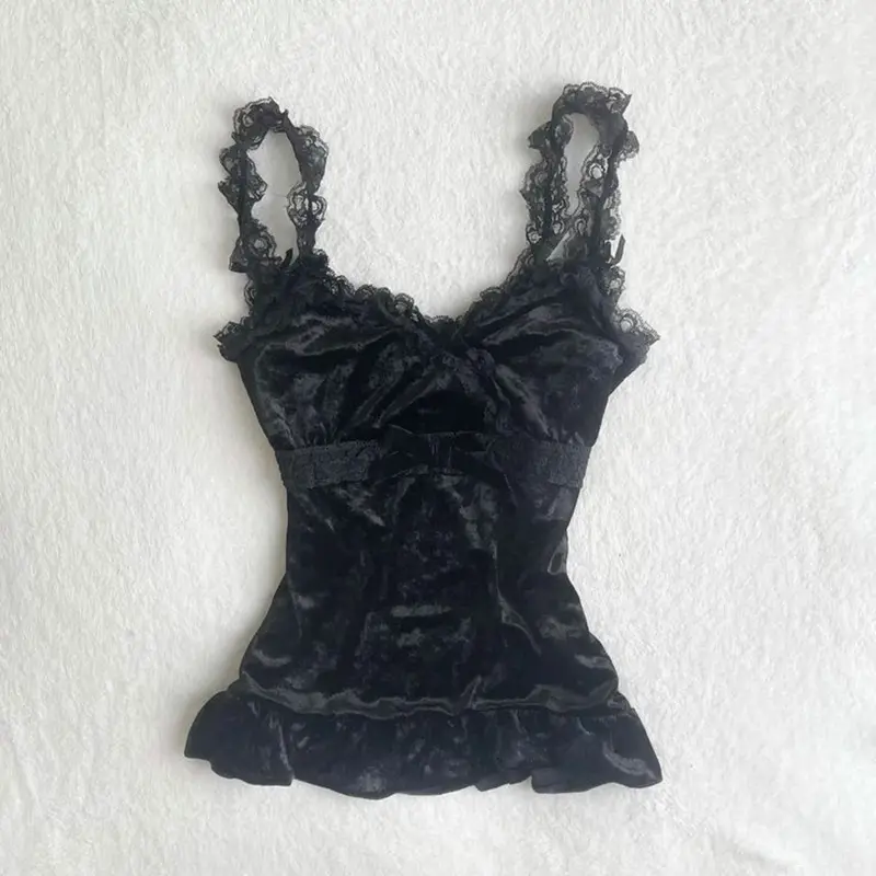 Y2K Cute Women's Crop Tops vintage Lace Chic Fashion Casual Solid Color Harajuku Streetwear All-match New Slim baby Crop Top emo