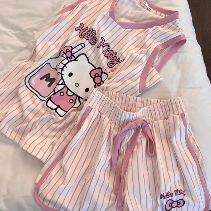 Pink Kawaii Hello Kitty Sleeveless Pajama Set for Women's Summer Cartoon Anime Printed Vest Shorts Fashion Striped Home Wear