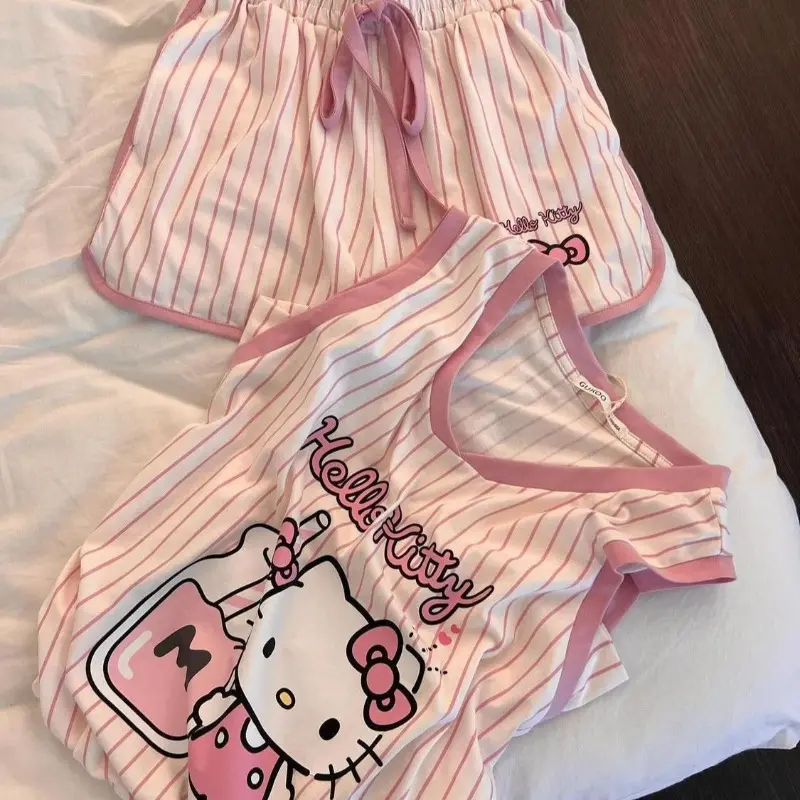 Pink Kawaii Hello Kitty Sleeveless Pajama Set for Women's Summer Cartoon Anime Printed Vest Shorts Fashion Striped Home Wear