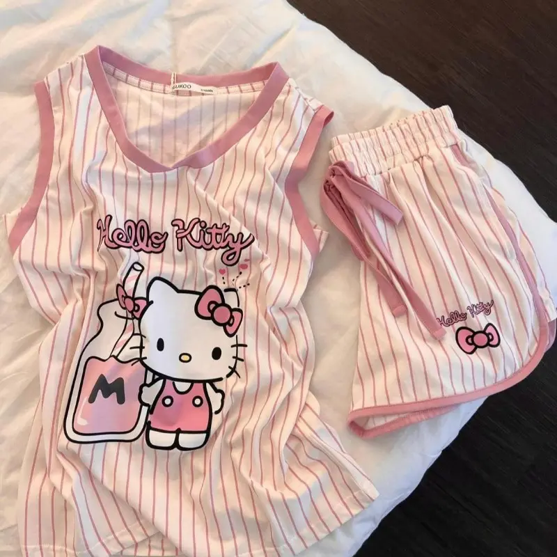 Pink Kawaii Hello Kitty Sleeveless Pajama Set for Women's Summer Cartoon Anime Printed Vest Shorts Fashion Striped Home Wear