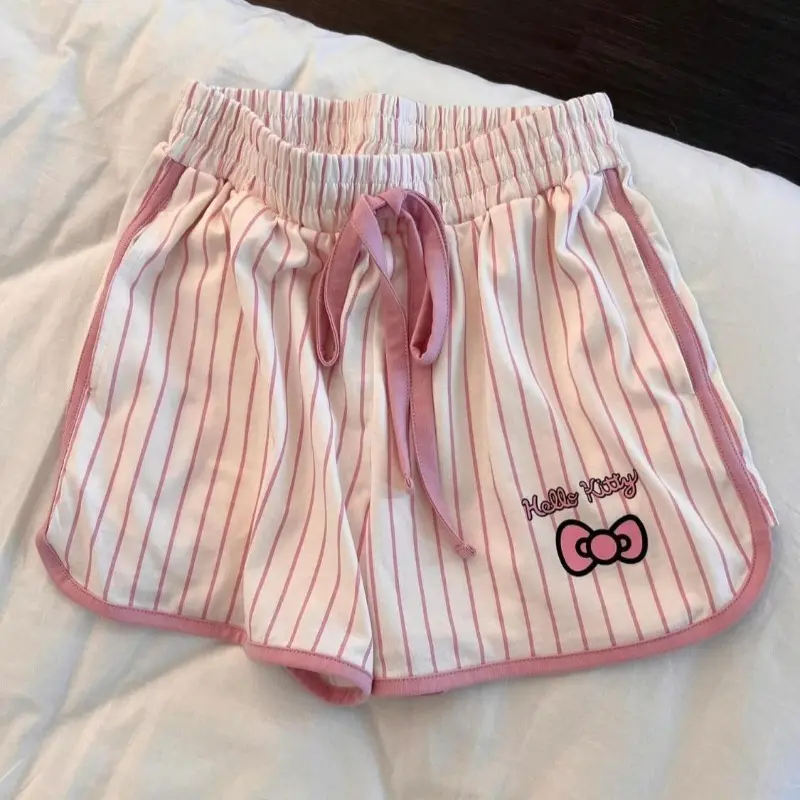 Pink Kawaii Hello Kitty Sleeveless Pajama Set for Women's Summer Cartoon Anime Printed Vest Shorts Fashion Striped Home Wear